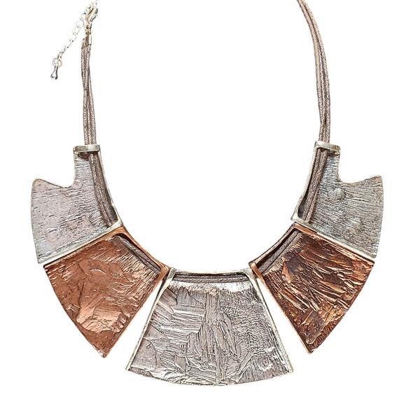 Retro Chunky Hammered Pendant Silver & Copper Tone Necklace Mesh Chain 16" - Picture 3 of 4